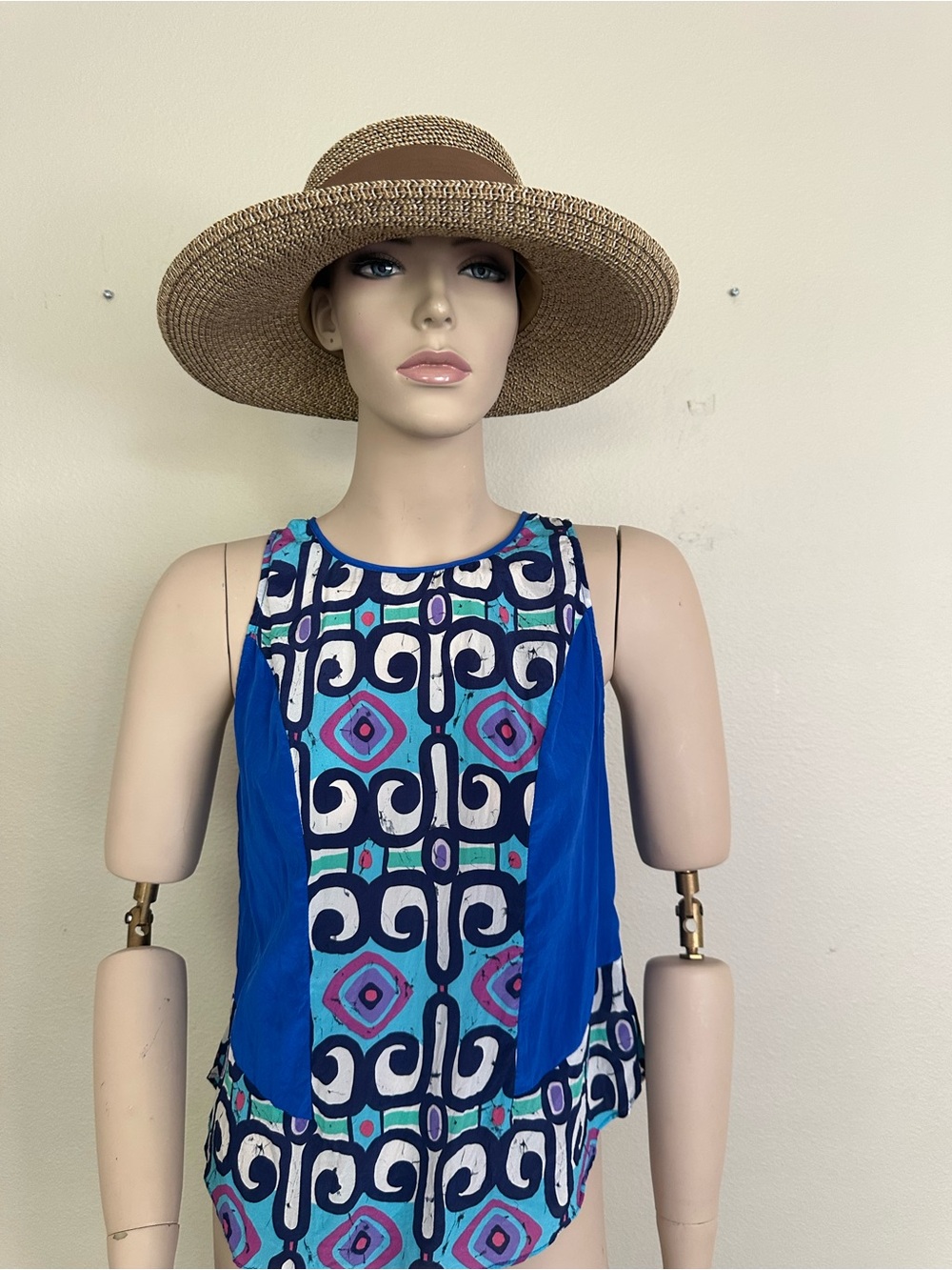 Sugarlips 100% Silk Batik Print Sleeveless Tank Top M Blue Teal Pink Geometric